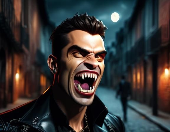 <lora:VampireFangs SD:1.0> close up portrait of a fierce male modern-day vampire with long_fangs  in a back Alley under the moonlight, (Perf...