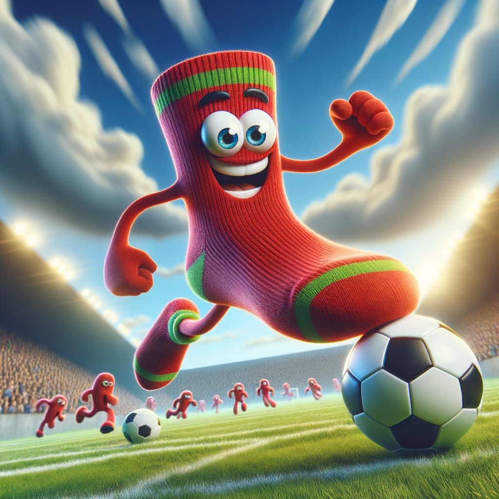 Happy CGI cartoon sock playing soccer