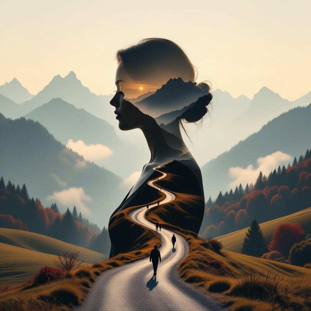 Double Exposure Art of Woman Merging with Mountain Path