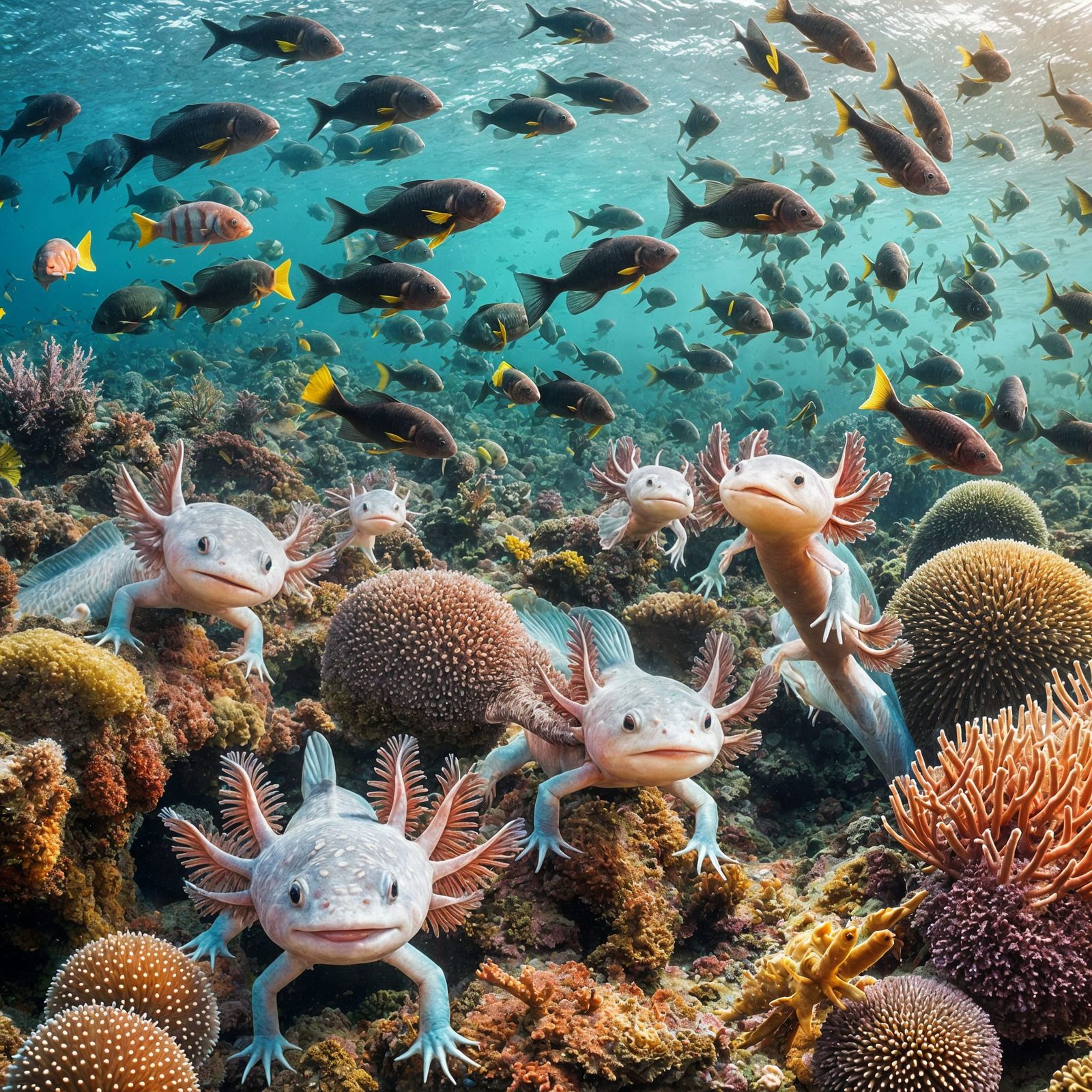 Axolotls Exploring the Reef