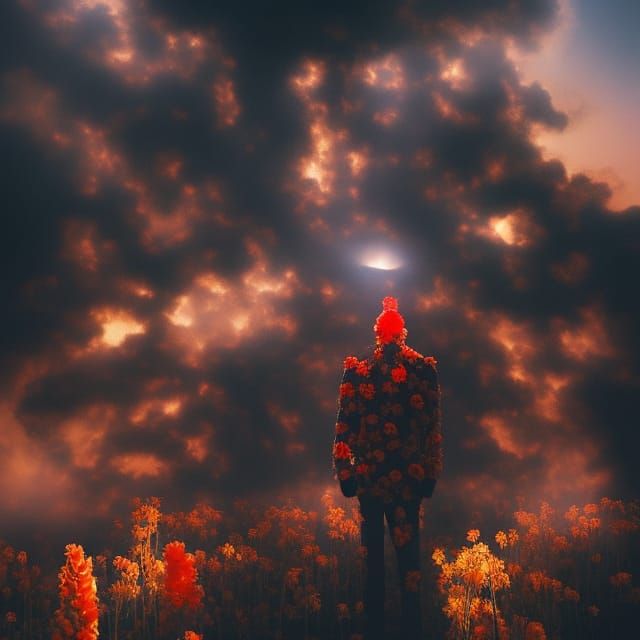 Surreal Flower Landscape with Ghostly Man