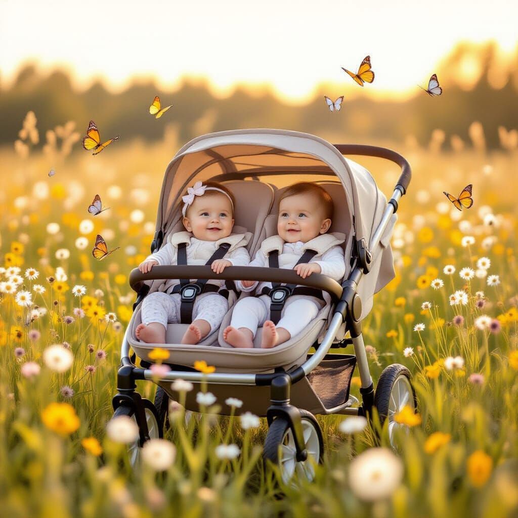 Adorable Babies in Stroller Amidst Wildflowers and Butterfli...