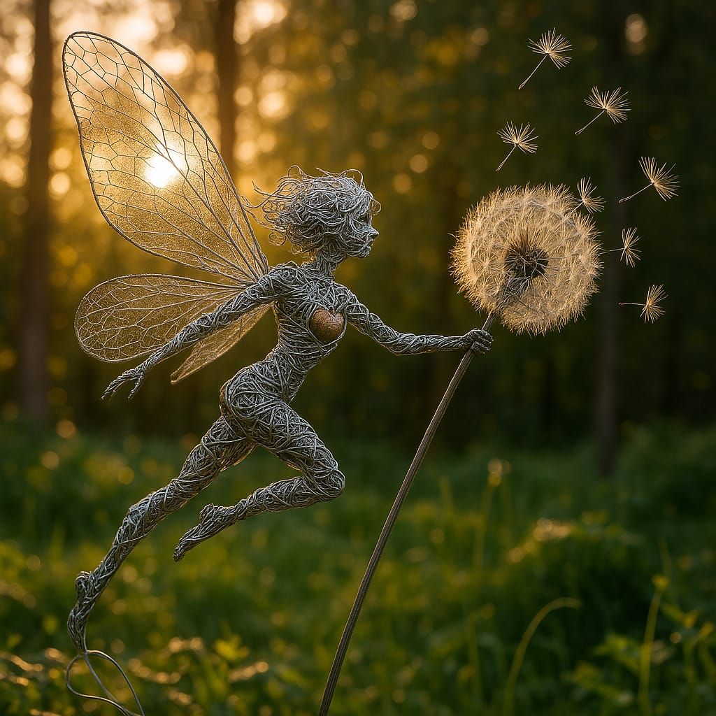 wired & twisted fairy sculpture is tuggin' on a dandelion
