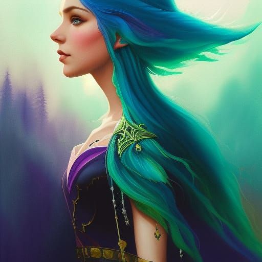 beautiful girl with big wild wavy fluid bright "blue" hair a...