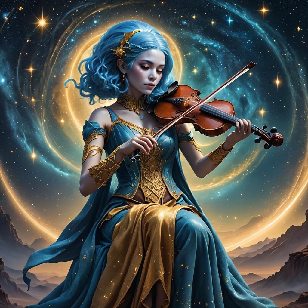 beautiful blue hair alien woman playing a fiddle, folk, background of nebulous stars, dynamic lighting, ...  by @Morgan