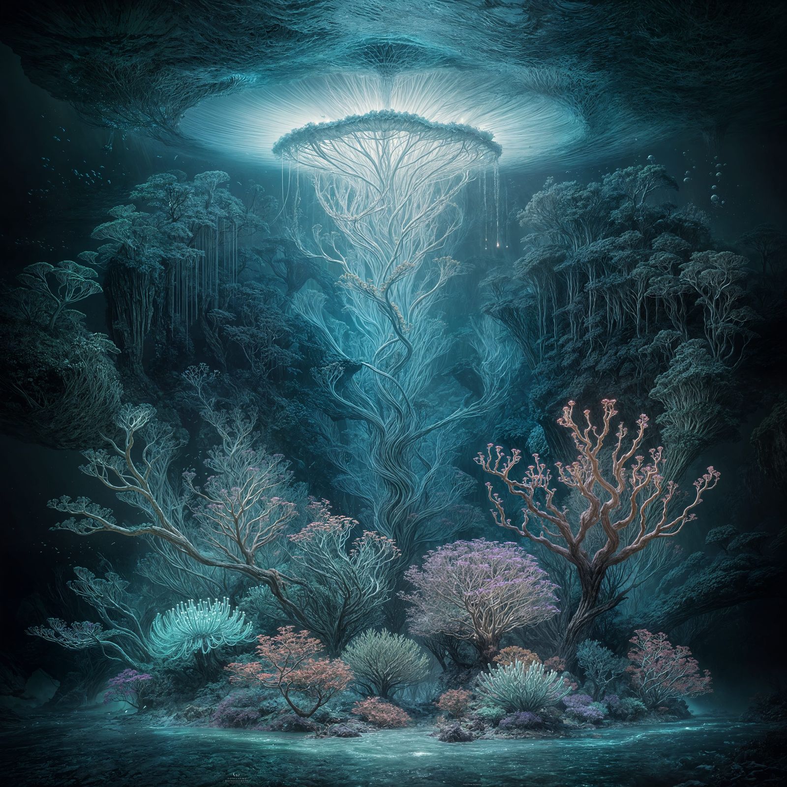 A bioluminescent jellyfish drifts serenely through an alien coral reef, its tentacles trailing delicate ...  by @Christopher hudson 