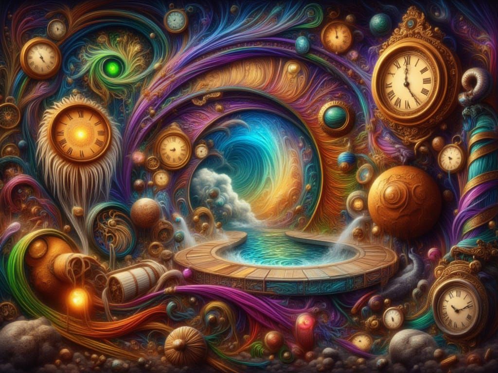  <lora:FiosTimeWarp:1.0> whimsical colorful world of clocks and psychedelic streams