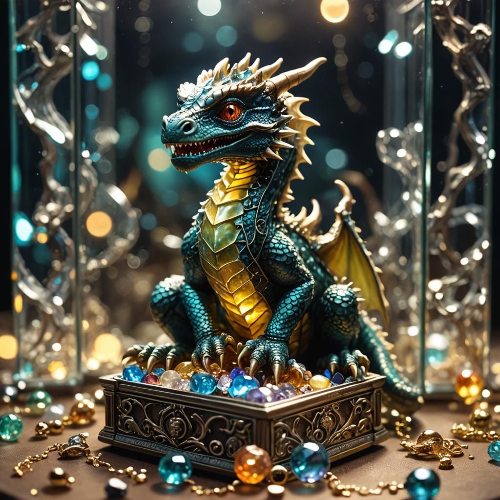 A cute miniature baby dragon sitting in a glass jewelry box ...