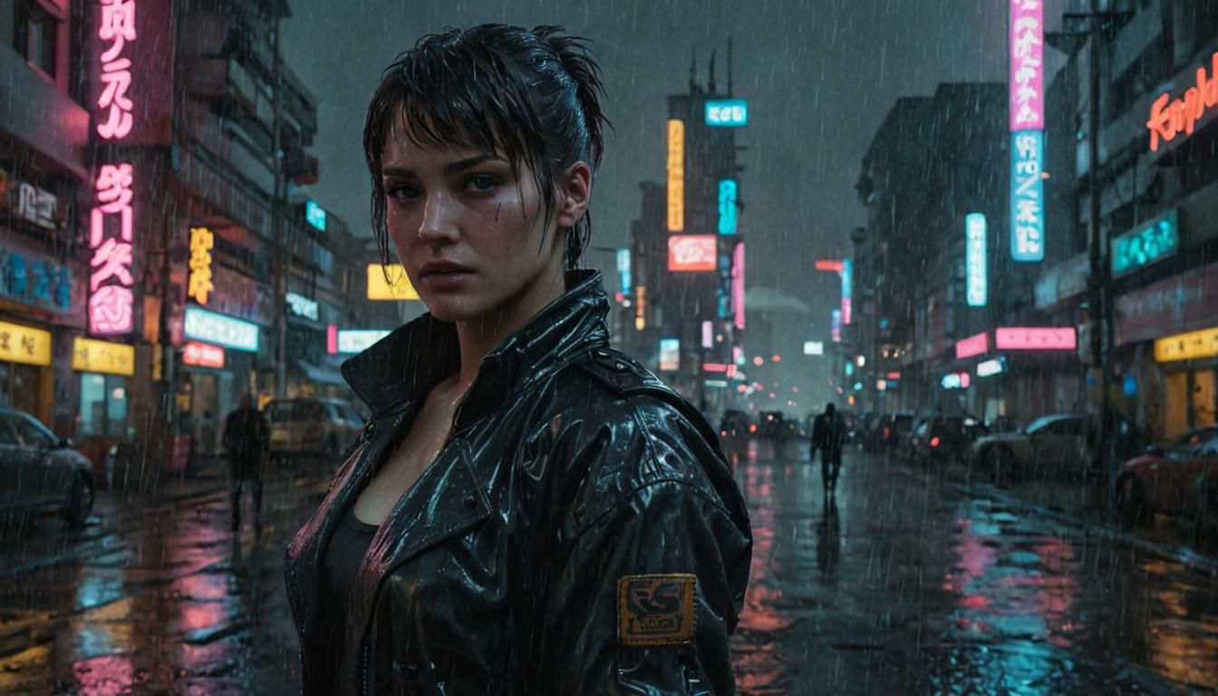 Medium shot of a female sci-fi protagonist in a cyberpunk ci...