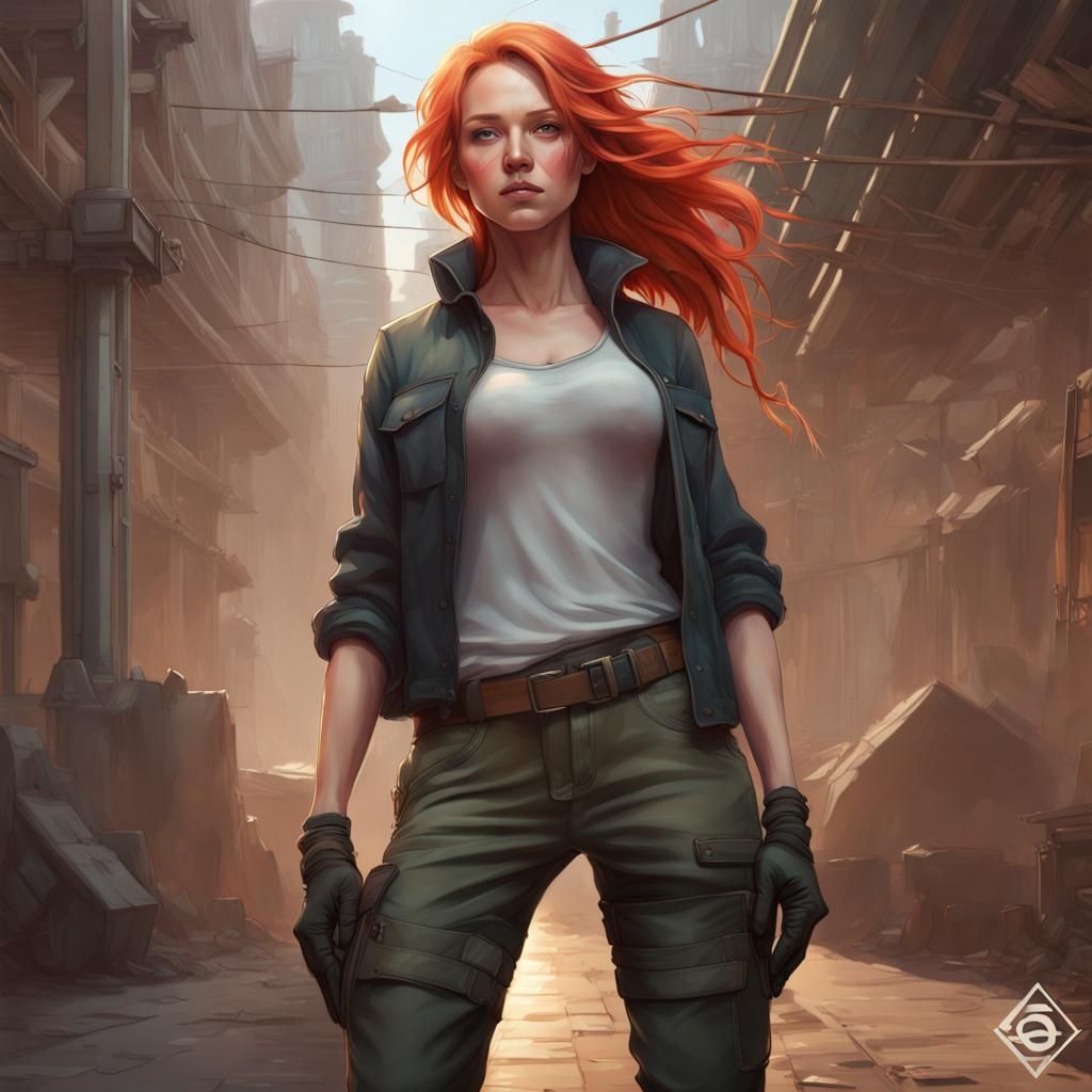 A girl with light red hair, black tall boots, wide angle, cargo pants