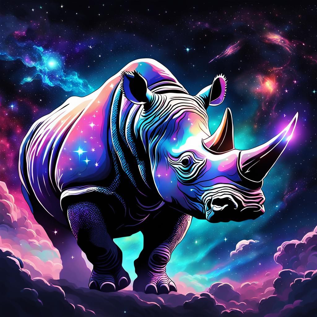 Anime Rhino Floats Through Space in Vibrant Colors