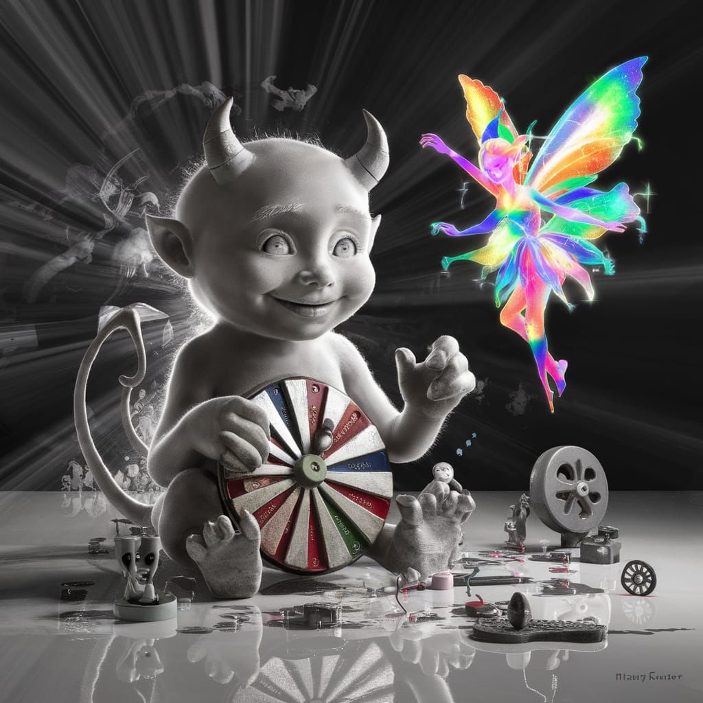 Kids Crayon drawings ,surreal  friendly demon , child's draw...