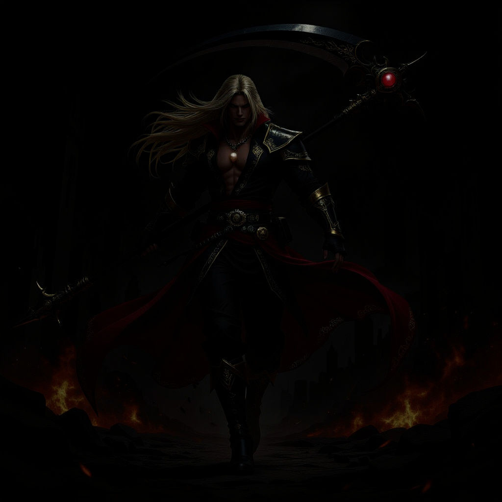 Zenos from FFXIV as a titan god, leaping through the air in a dynamic attack pose, swinging a massive scythe with deadly precision. Long blo...