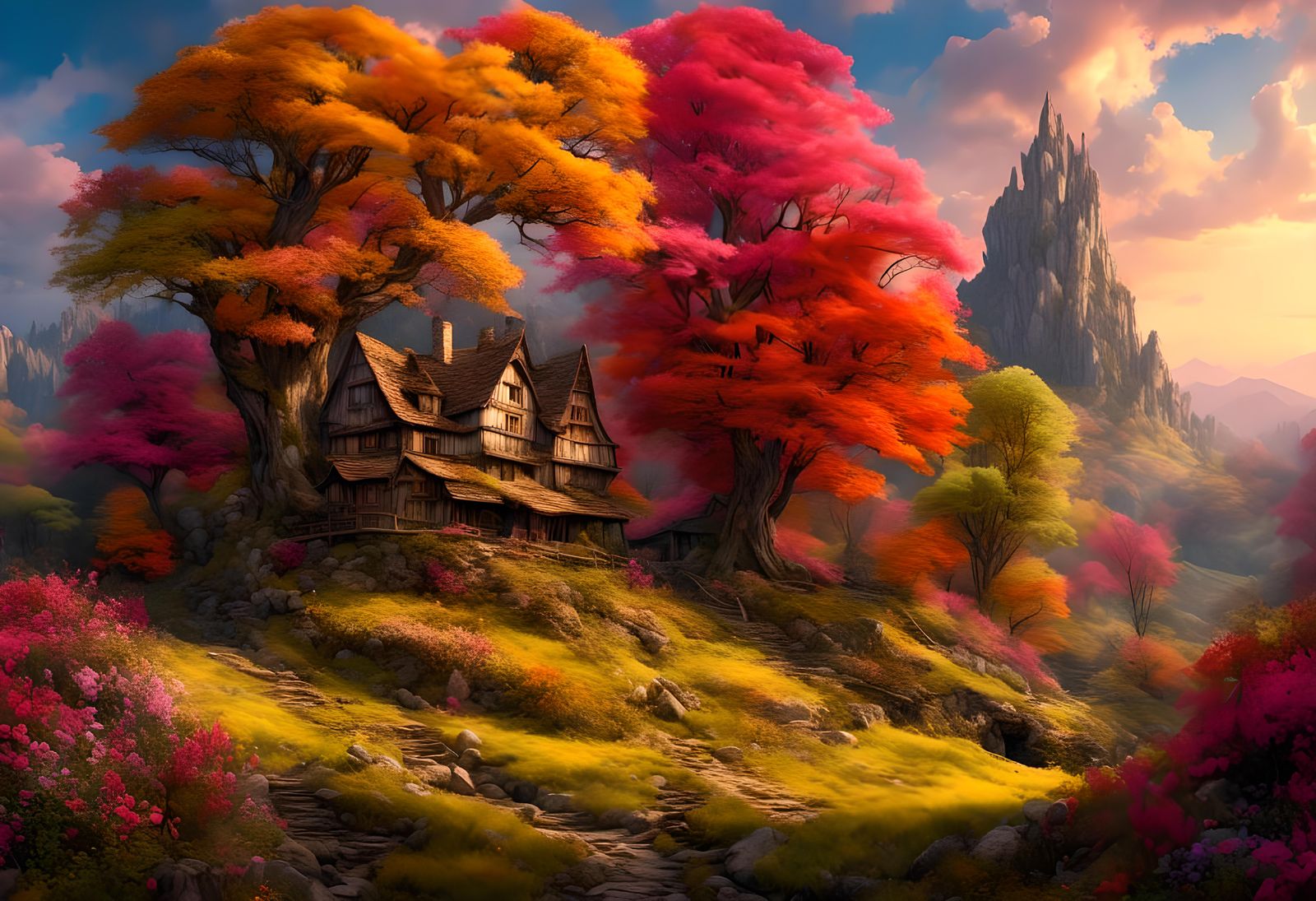 <lora:Pink Snow WaterCol 1:1.0> fantasy countryside, ultrade...