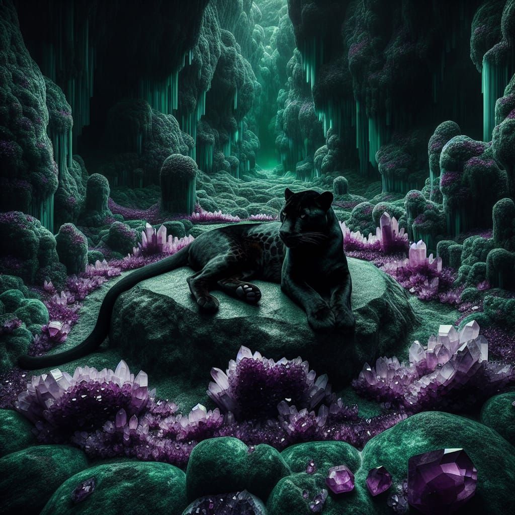 Black leopard surrrounded by amethysyst  by @RPGCatLover