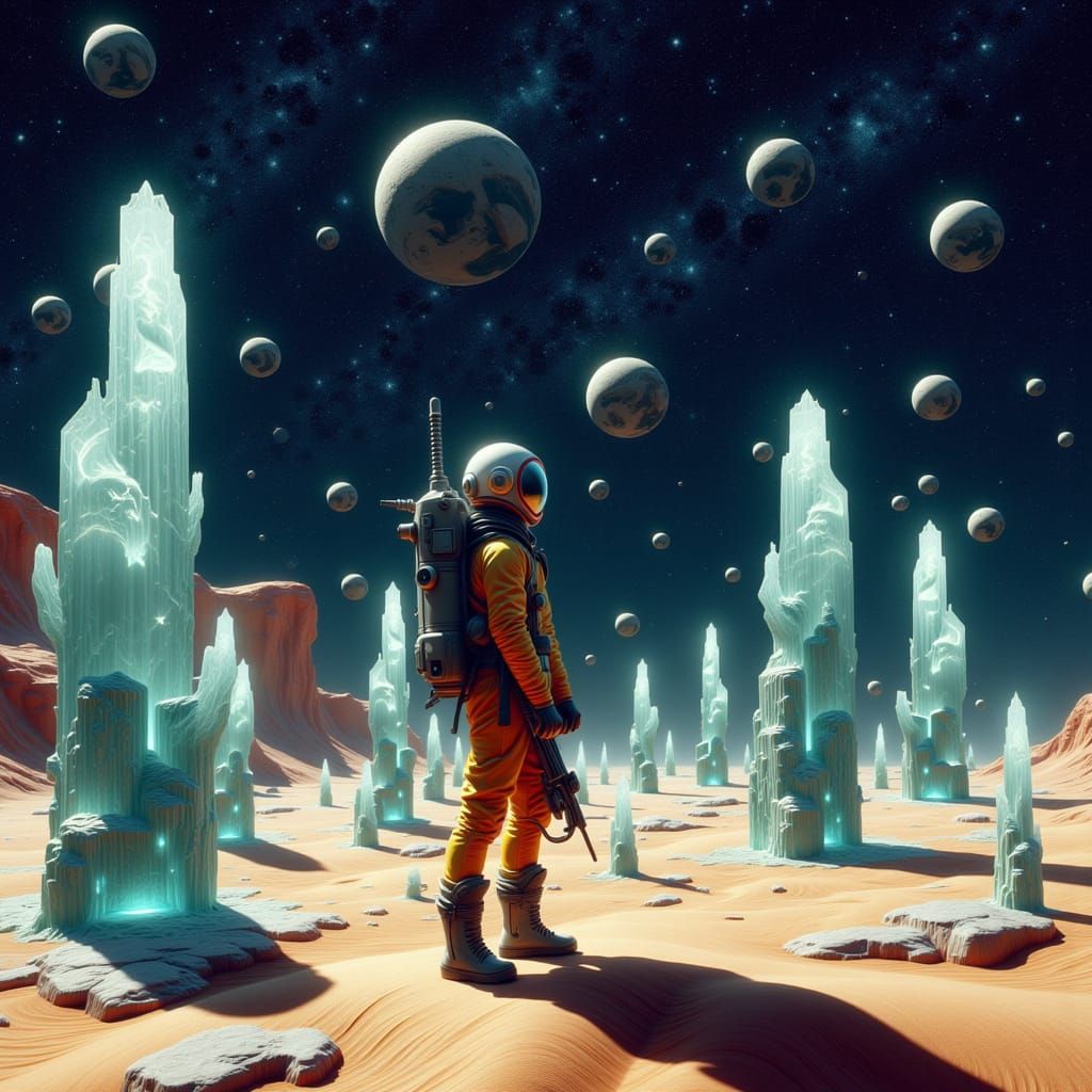 Cinematic film still. A lone astronaut, clad in a worn, retro-futuristic spacesuit, stands on the edge of a vast, alien desert landscape und...