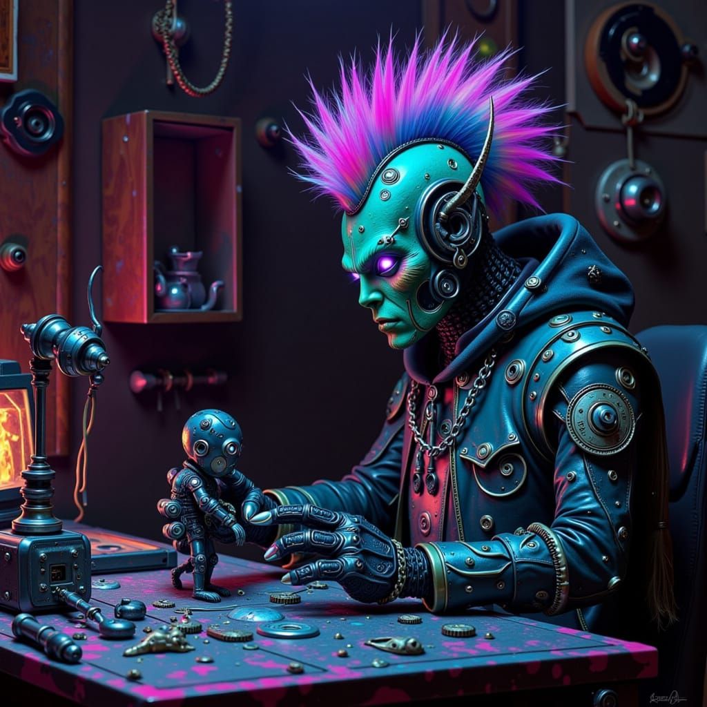 A highly detailed, cinematic photograph of a cyberpunk orc clockmaker cyborg with a striking, iridescent metallic Mohawk, crafted from intri...