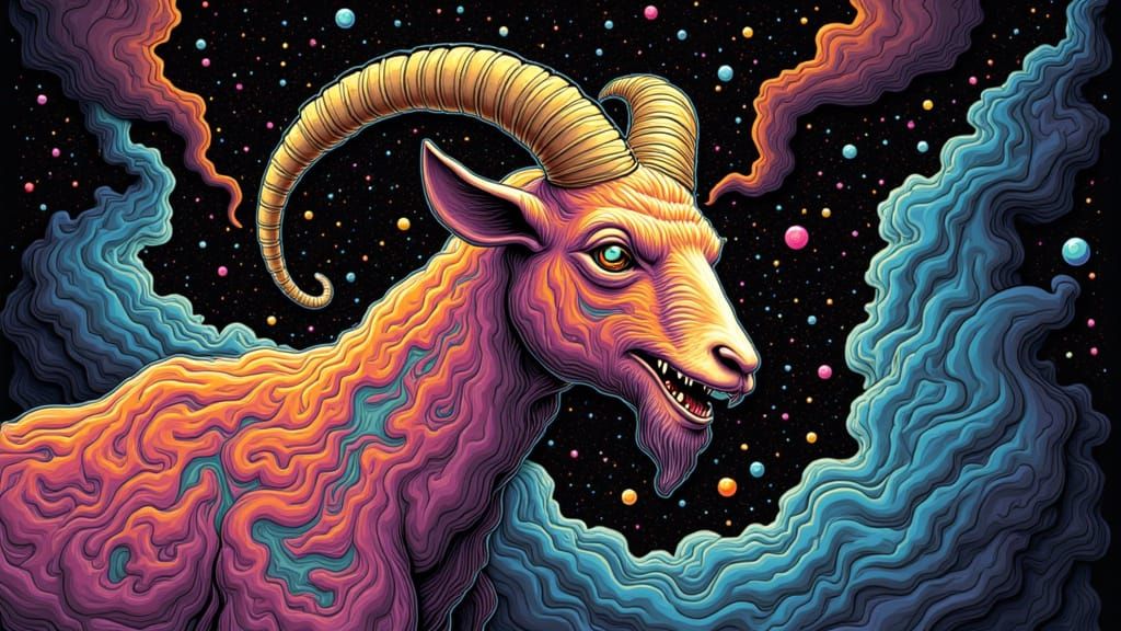 The goat of pure evil drifts through psychedelic space <lora:PsychedelicSpace:1.0>