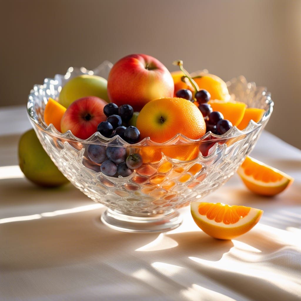 spectacular bowl of fruit, lit from above by a warm, natural light. The fruits are fresh and ripe, with ...  by @Erick Jimenez