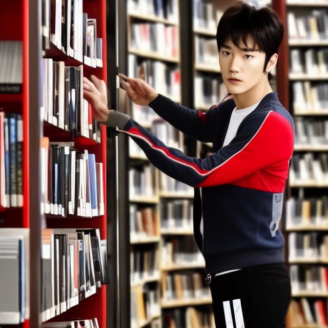 A k drama actress in the library.he is wearing a red skiner ...