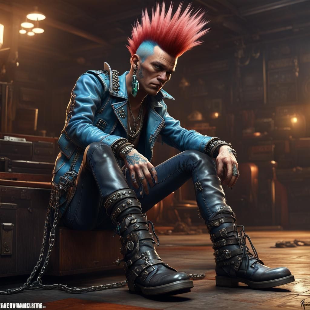 1970s punk rocker, mohawk tipped with blue, chains studs leather 