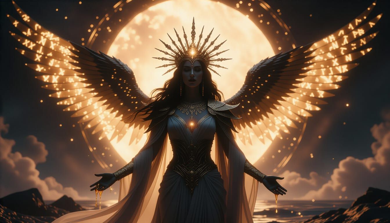 “Cosmic Oracle of Shattered Eternities”

A colossal celestial oracle emerging from a fractured nebula altar, ancient runes orbiting her lumi...