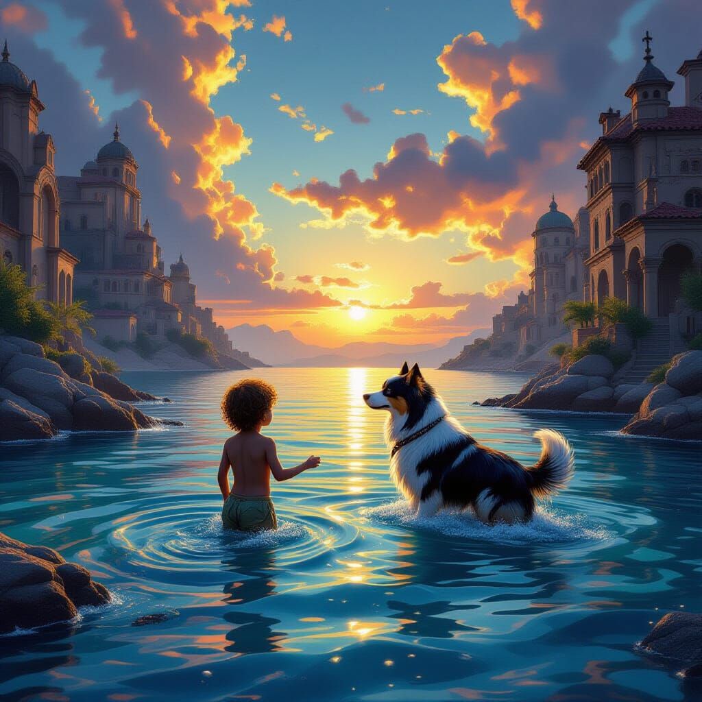Dog Rescues Drowning Child: Fantasy Concept Art