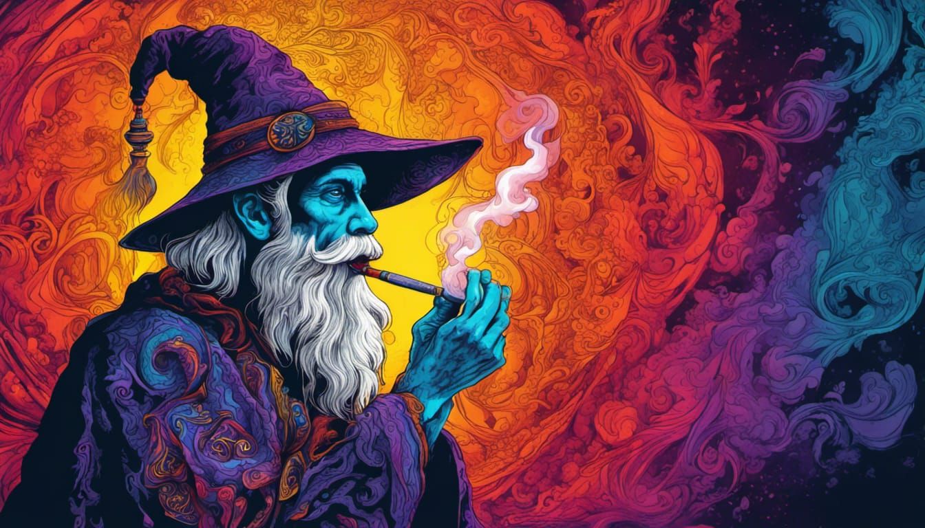 a psychedelic hand-drawn high detail fantasy wizard smoking ...