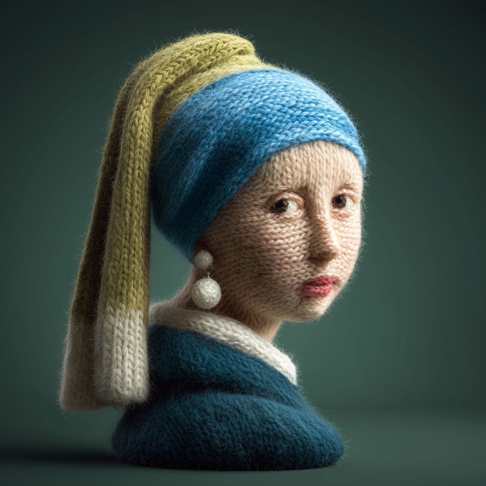 The Girl with the Pearl Earring knitted version, on a dark green background