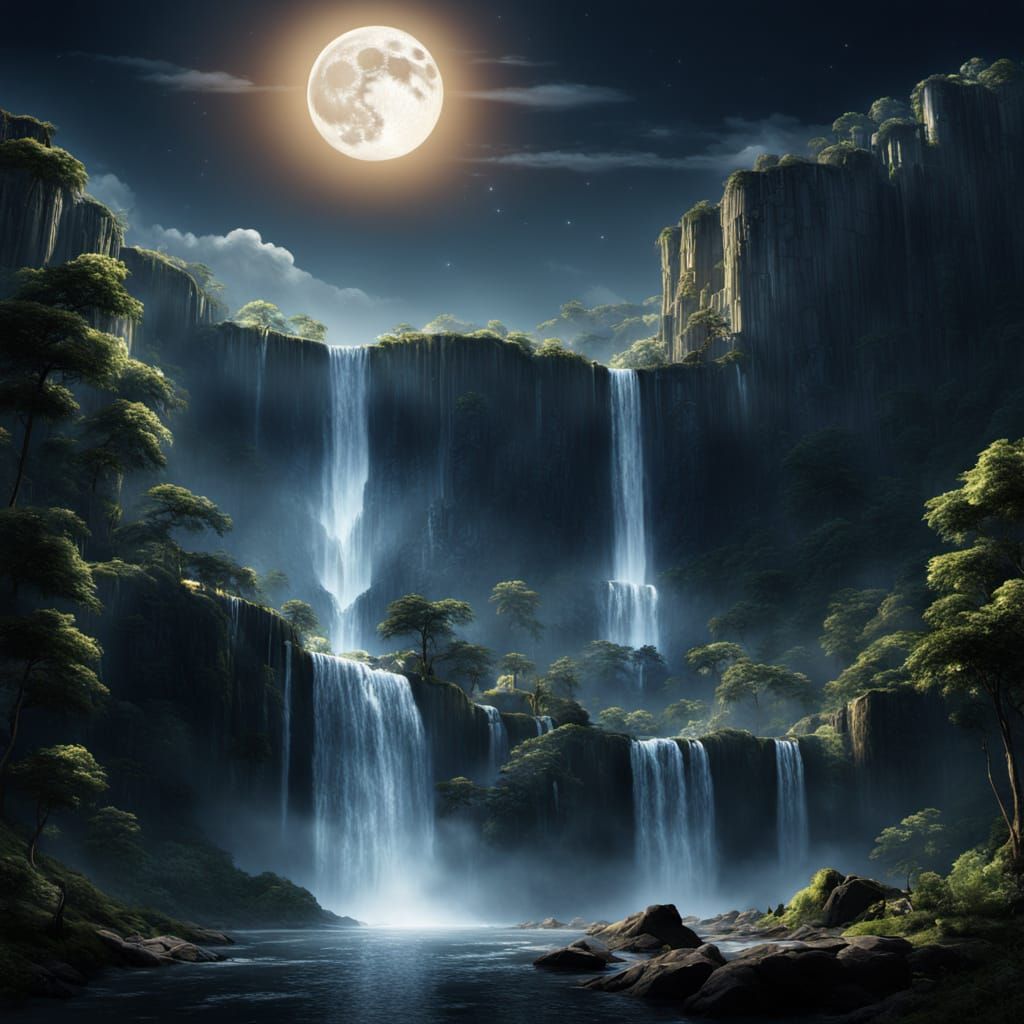 Towering waterfall, backlit by the moon