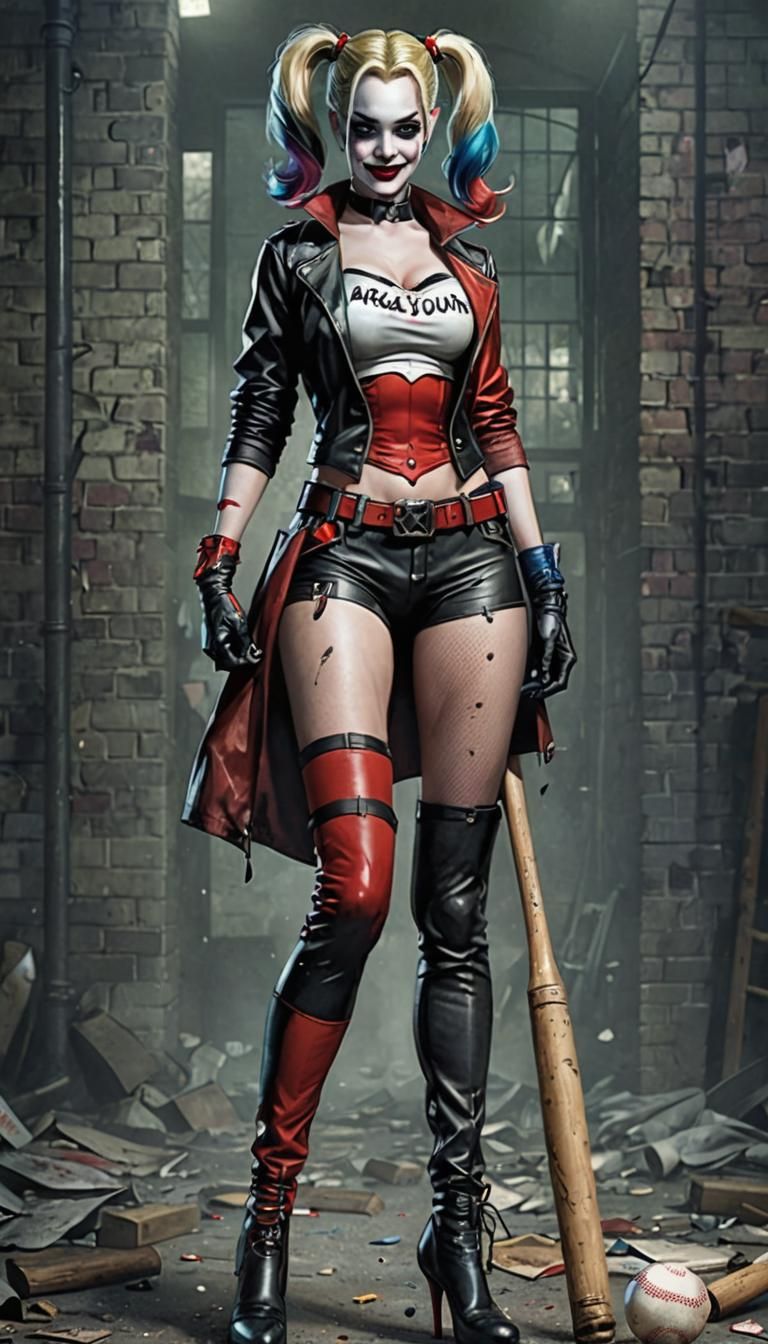 Harley Quinn, full figure, holding a baseball bat, stockings...