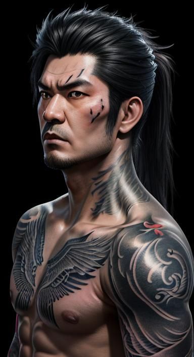 Volumetric Lighting, muscular yakuza boss with many scars an...