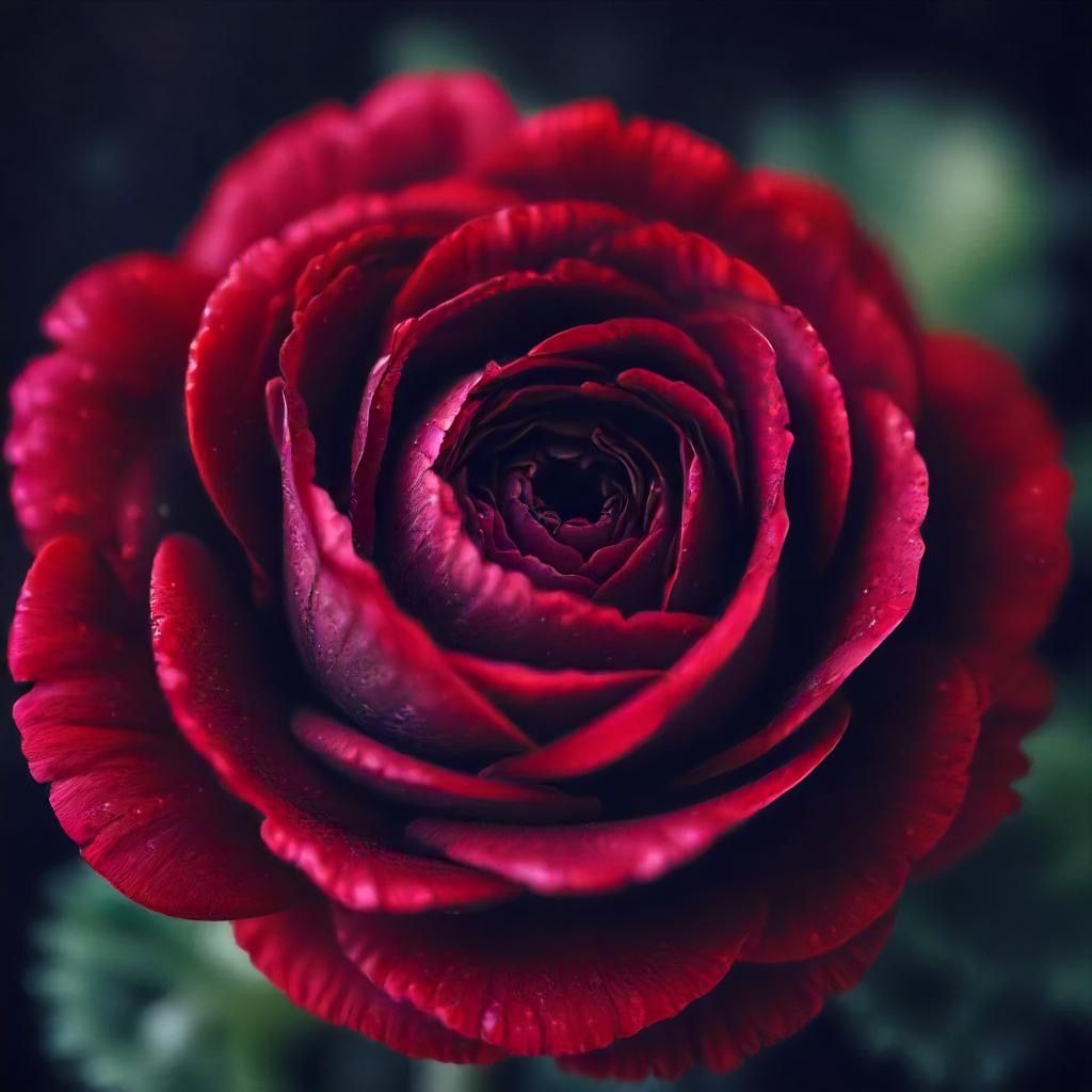 a red ranunculus, deep dark tones