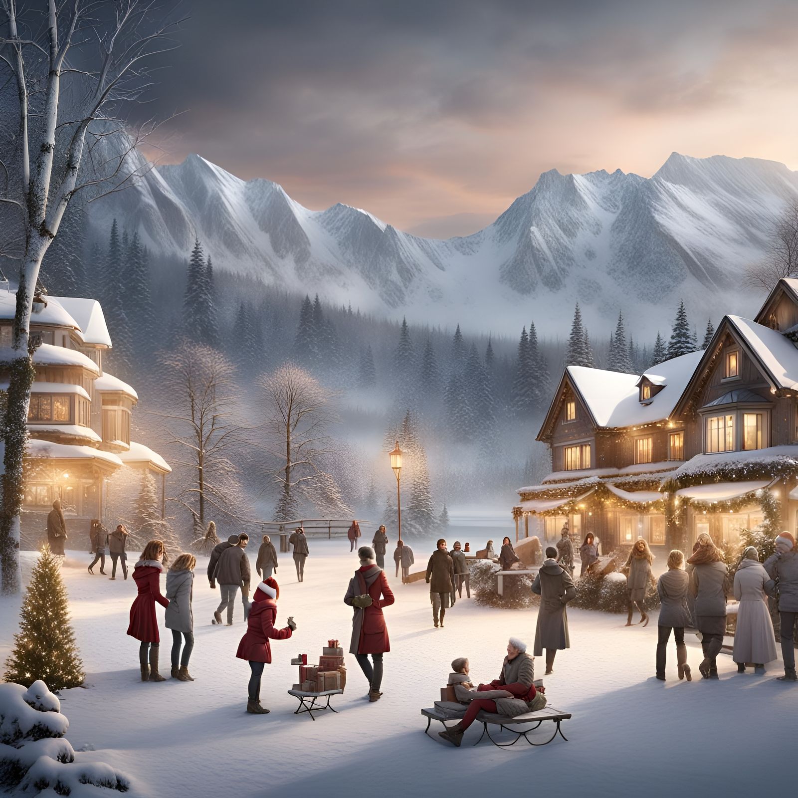 Christmas by the lake, people having fun in the snow AI Generated