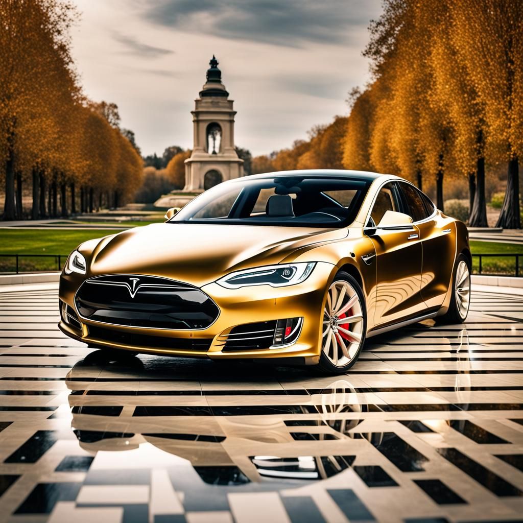 A Gold Tesla Model S On A Marble Turntable In A Beautiful Park Ai Generated Artwork 8604