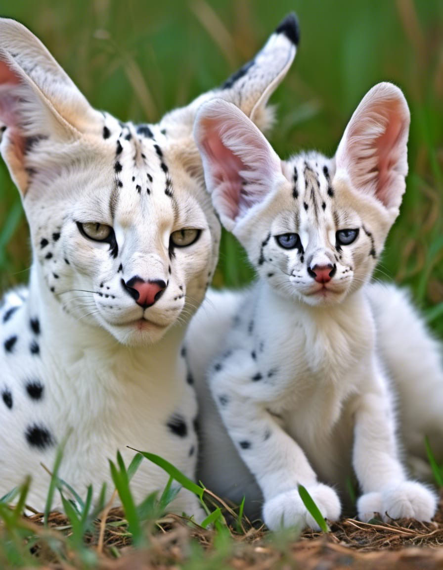 Serval – Leucistic Serval Kitten (white Serval) with his Mother in the African Wilderness 07 – 3:4 Format