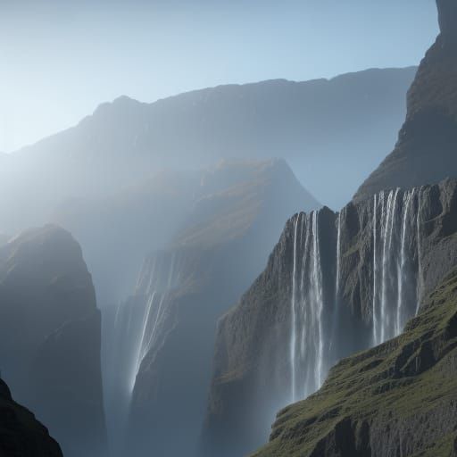 Futuristic Waterfall Mountain with Intricate Mech Details