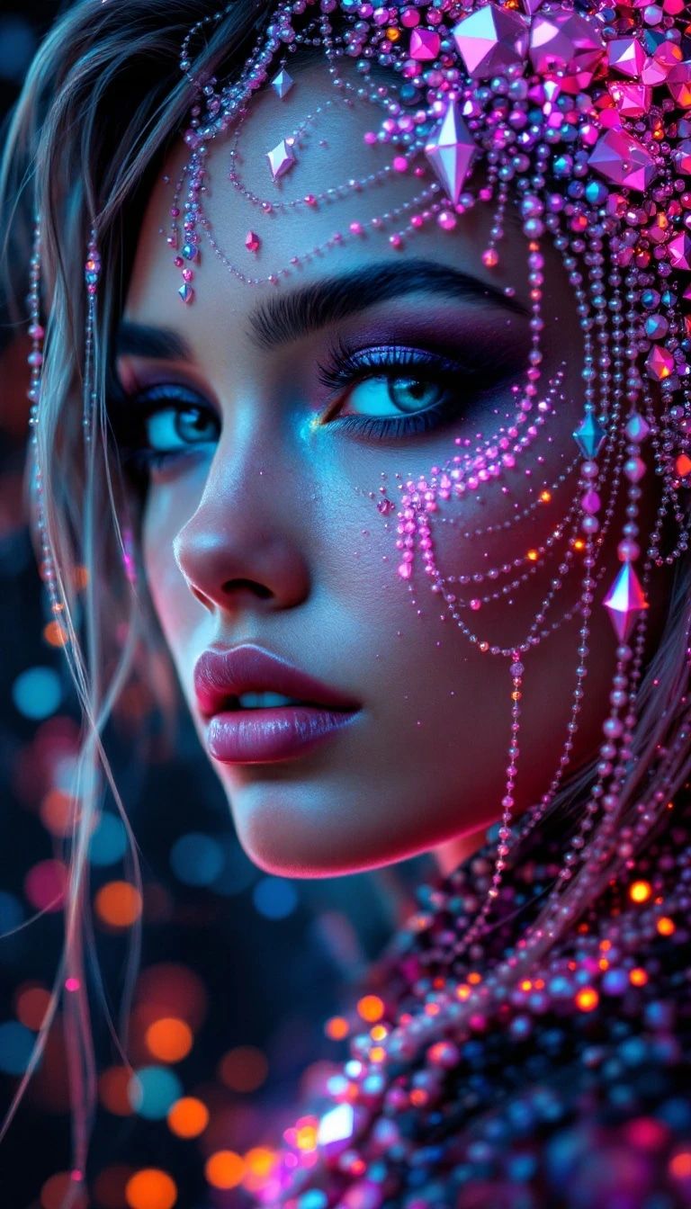 Aquarel, Cyberpunk, beadwork, Portrait of a beautiful woman