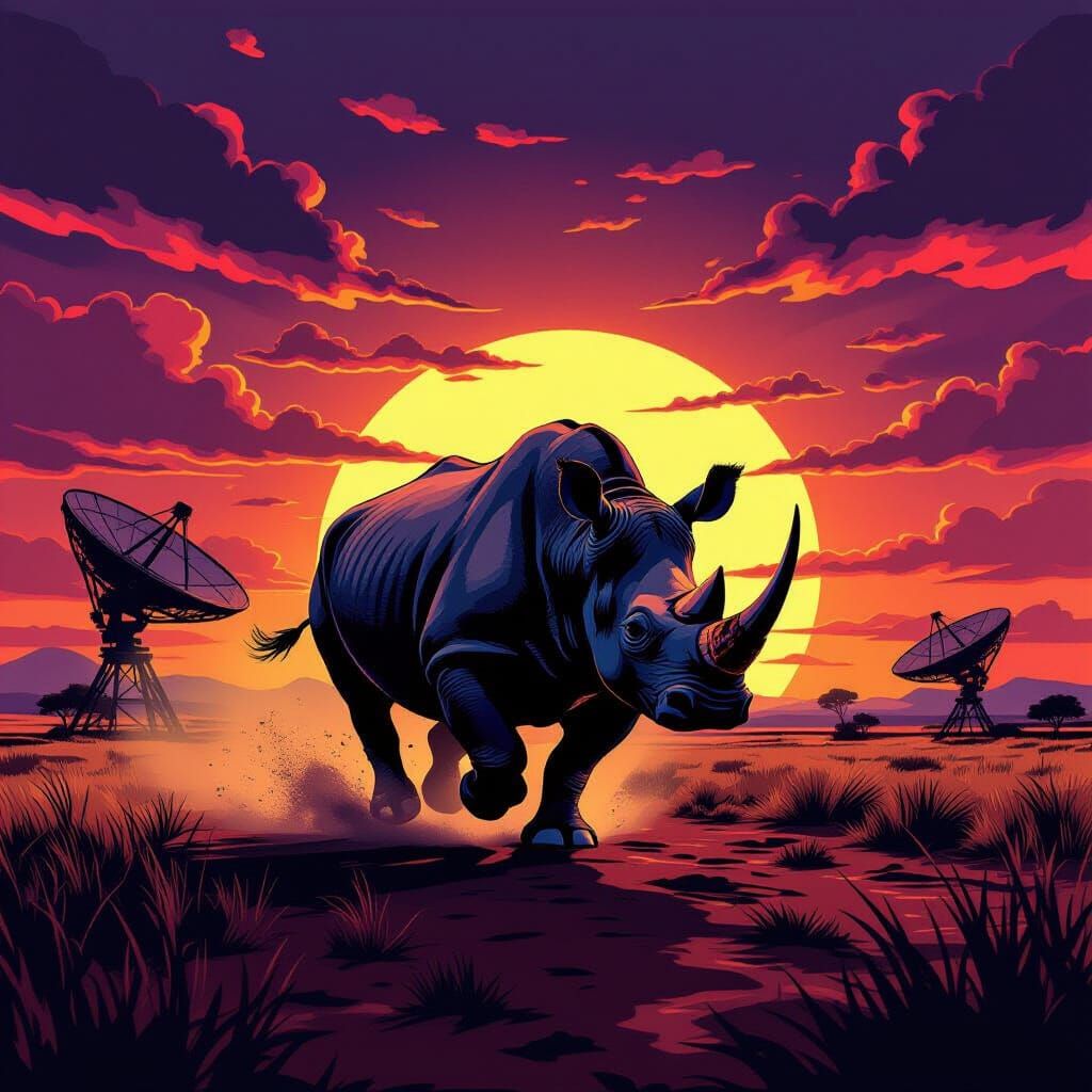 A majestic rhino charges across a dusty savanna, its silhouette stark against a dramatic, twilight sky. The scene is rendered in a bold, gra...