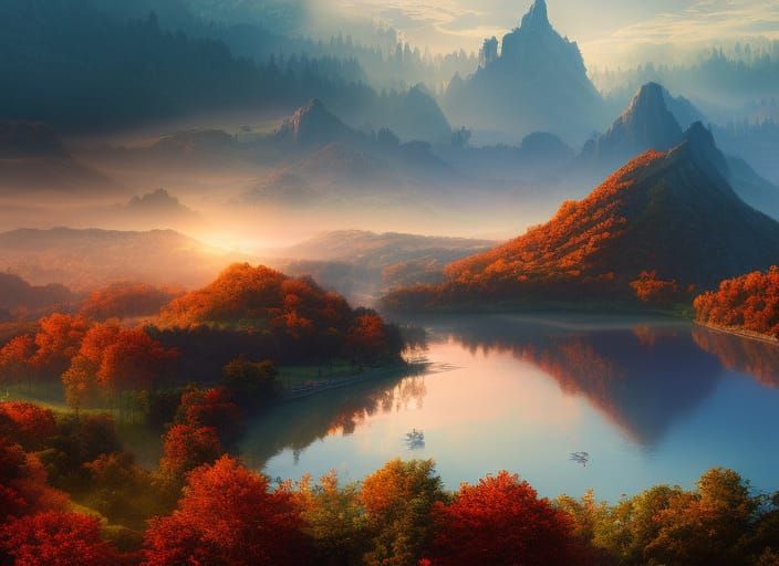 Morning Sunrise Over Hills and Lake in Autumn  by @hannahlovescats91