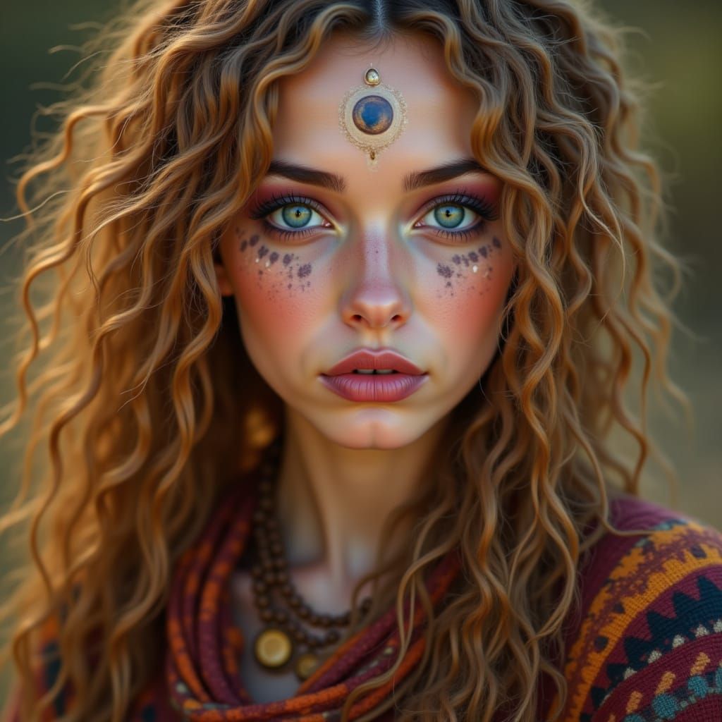 <lora:FaceWorx:1.0>curly dark blonde hair dark blue eyes FaceWorx: Desert Oracle makeup