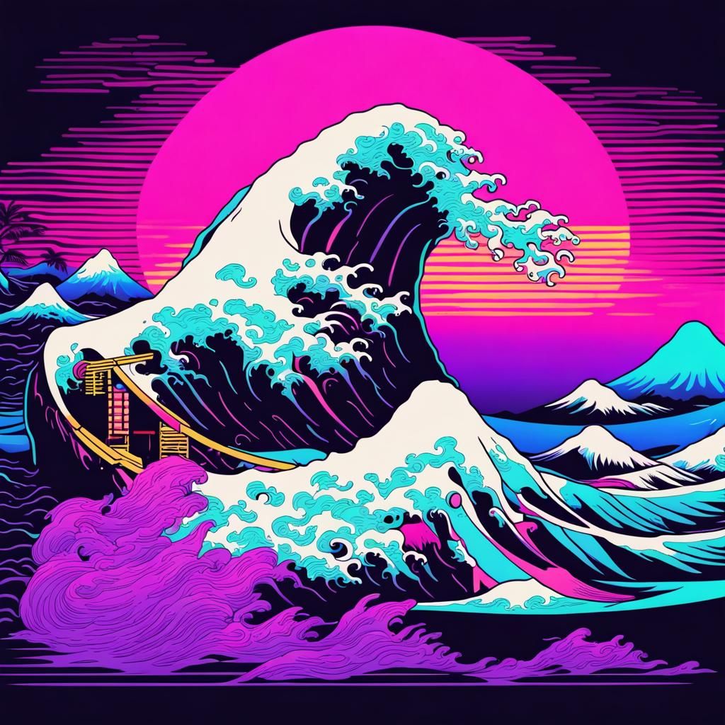 Wave of Kanagawa, vaporwave style, neon blacklight - AI Generated ...