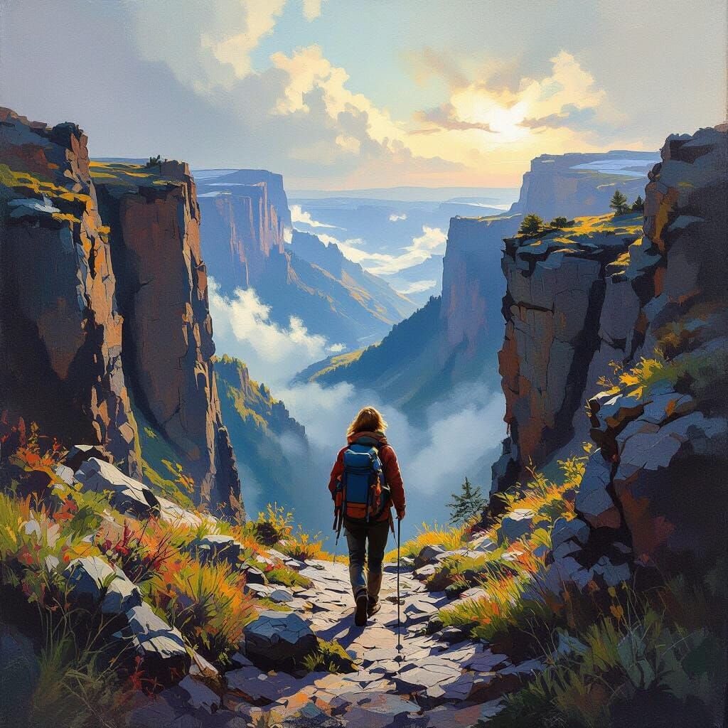 Traveler Hiking Between Cliffs, Romanticism Style