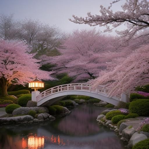 Cherry blossom tree, pink and white blossoms in a Japanese garden ethereal fantasy hyperdetailed mist Thomas Kinkade