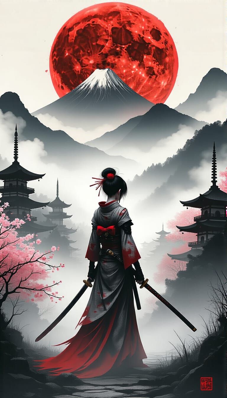 Punk Geisha Warrior Under Blood Moon in Ukiyo-e Style