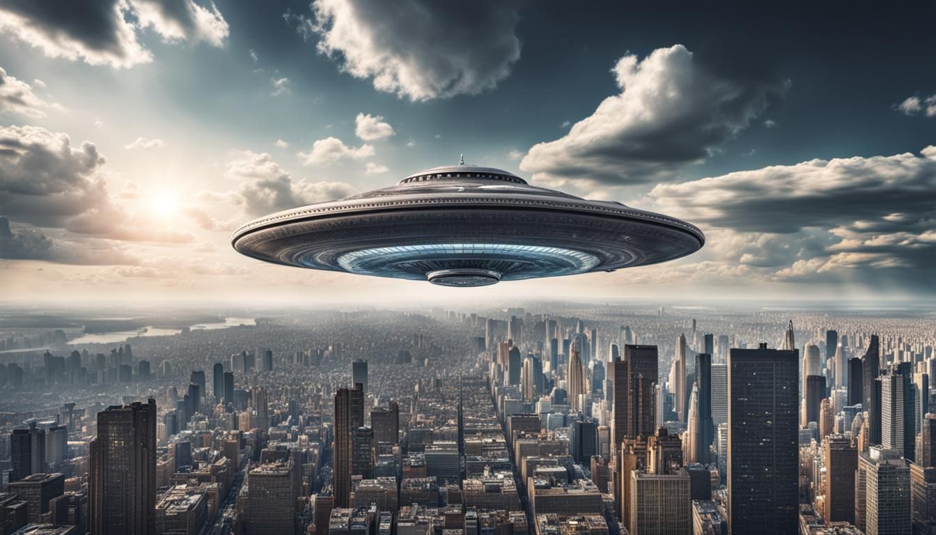 A large UFO flying saucer over a major metropolis big city downtown ...