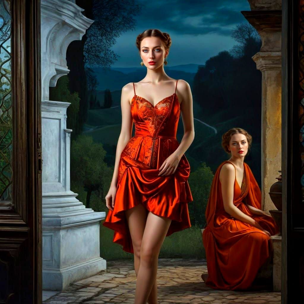 Charming Medieval Ladies in Twilight Landscape