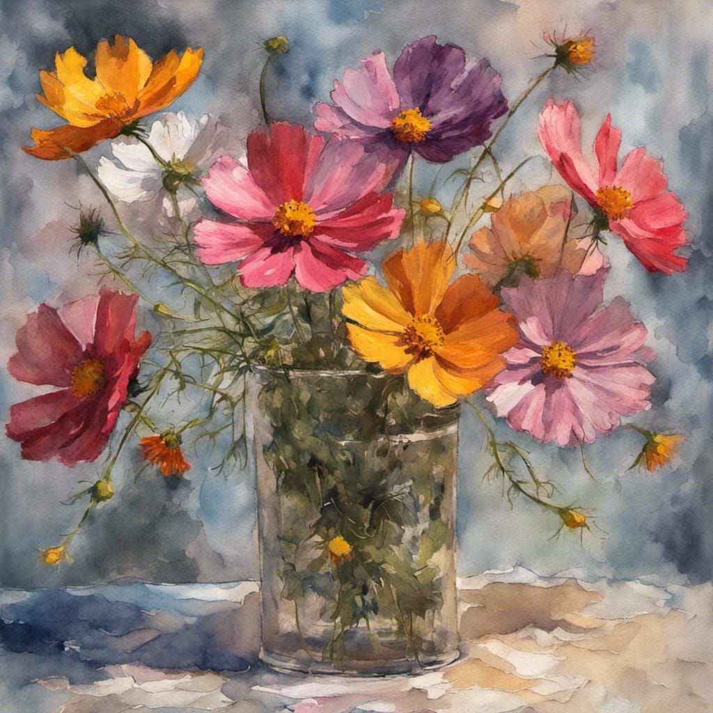 Cosmos Flowers in Clear Glass Vase AI Generated Artwork