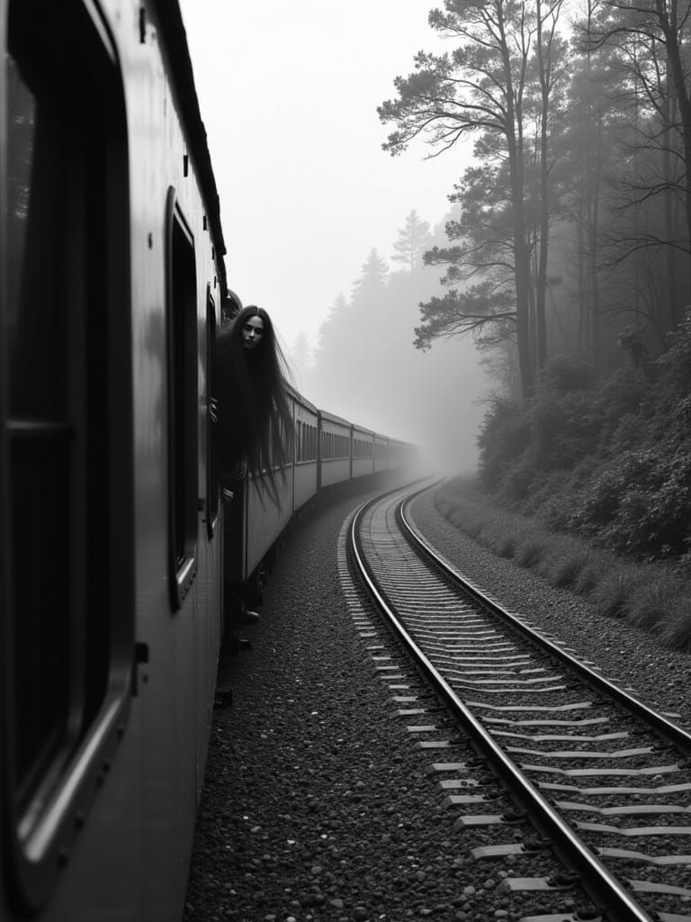 Transparent Ghost Escapes Moving Train in Lush Forest