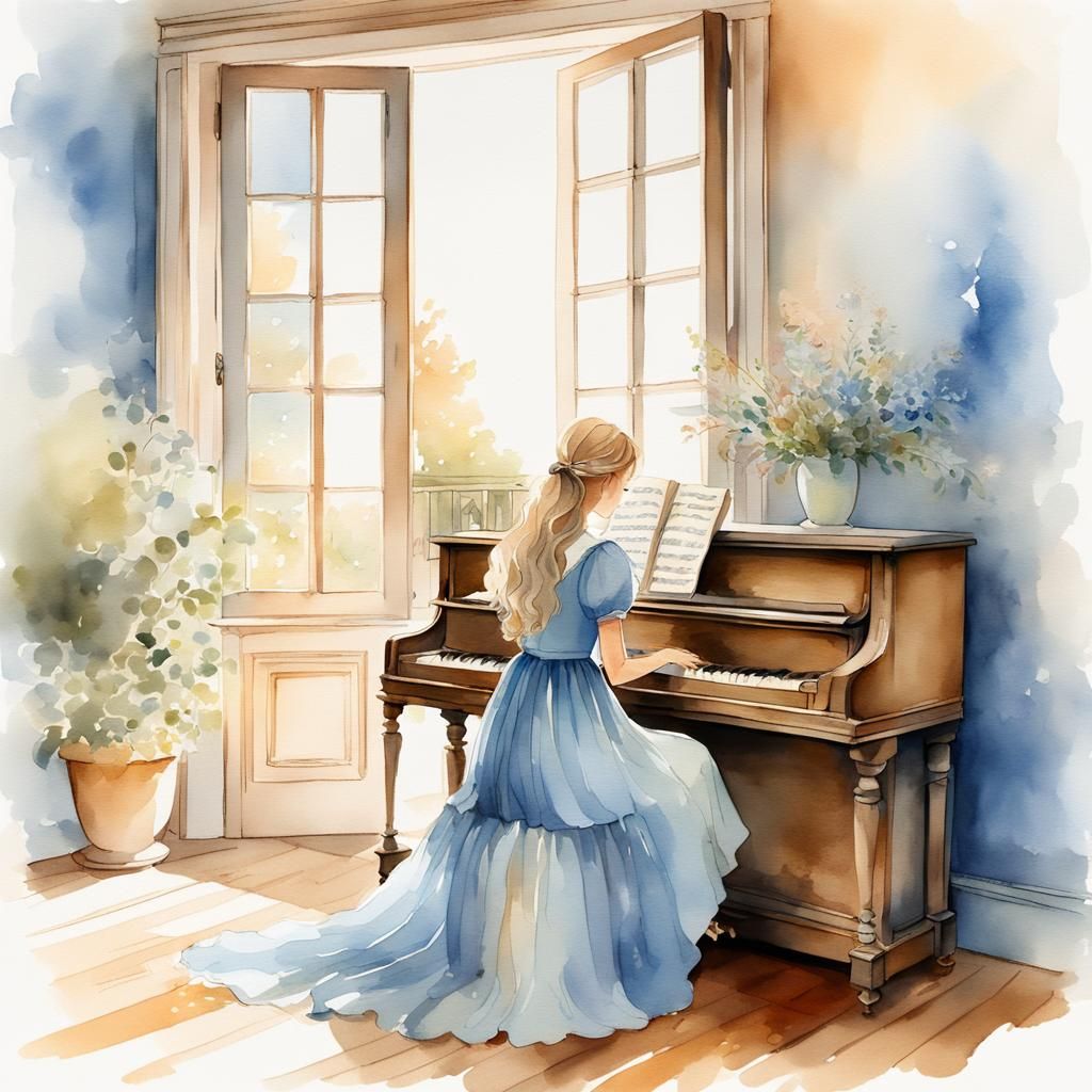 (a young girl sitting at a an old wooden piano: 1.2), sandy ...